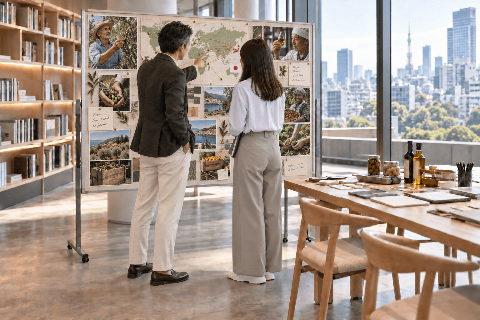 世界の産地と日本を結ぶ地図や生産者の写真を並べたボードを見ながら、本物の価値をつなぐ方法を話し合う二人